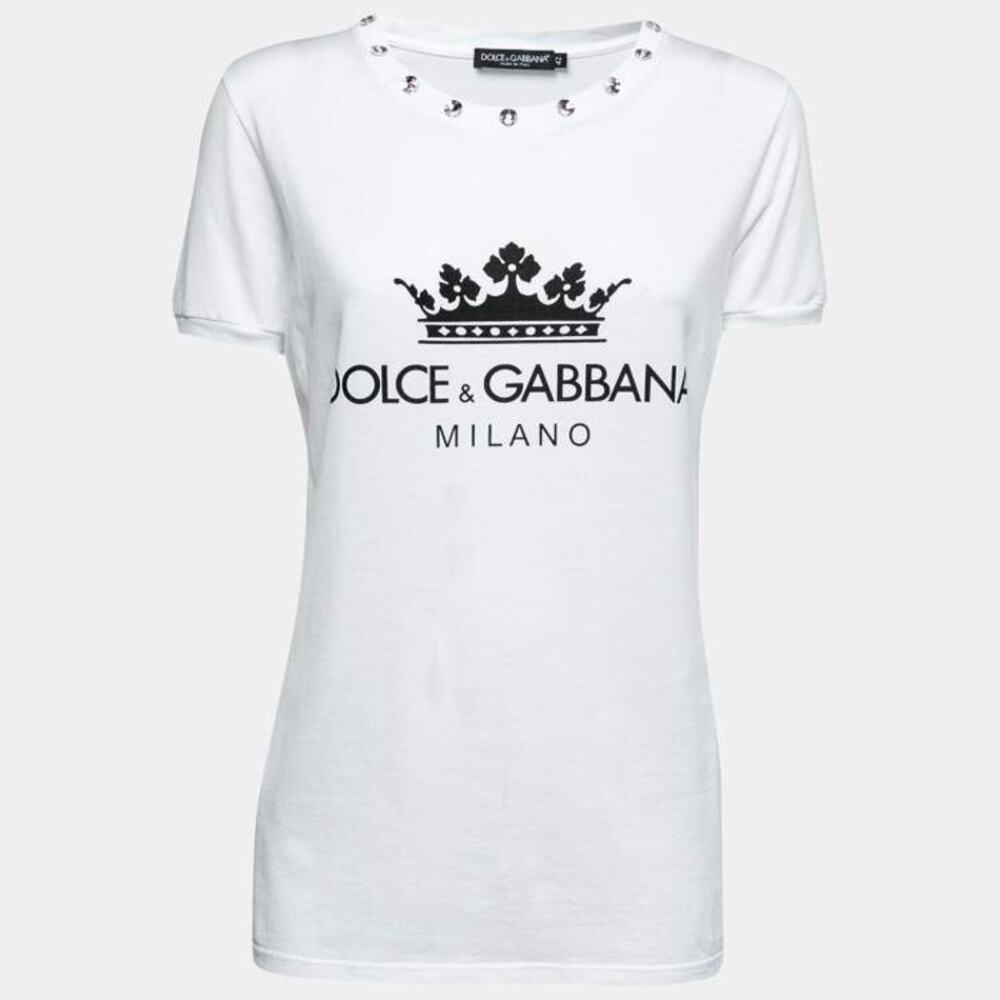 DOLCE & GABBANA White Cotton Black Logo Gem Crew Neckline T-Shirt 42 NEW Tee 31